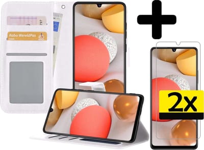 Hoesje - Met 2x Screenprotector - Geschikt voor Samsung Galaxy A42 - Luxe Pasjeshouder - Bookcase Portemonee - Flip Case - Kunstleer Book Case - Flipcase Hoes - Book Cover - Walletcase - Portemonneehoes - Telefoonhoesjes - Wit