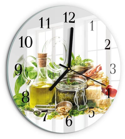 Tulup Wandklok - Pasta met olie Glazen Wandklok Design - 30fi cm - Veelkleurig Klok Glas Met Opdruk - Zwarte Handen - Ronde Wandklok - Glazen Wandklok Design - Klok Glas Met Opdruk