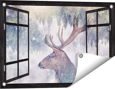 Gards Tuinposter Doorkijk Hertenkop - Hert op een Bomen Achtergrond - 60x40 cm - Tuindoek - Tuindecoratie - Wanddecoratie buiten - Tuinschilderij