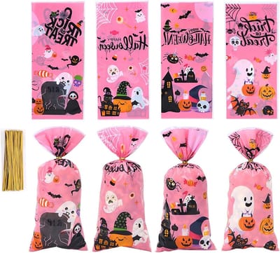 Halloween Snoepzakken - 50 Stuks Plastic Cellofaan Tassen voor Snoep, Koekjes en Chocoladesnacks met Draaitouwtjes