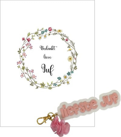 Sleutelhanger en kaartje JUF | roze | bloemen | jij bent de liefste | liefste juf | topjuf | einde schooljaar | cadeau