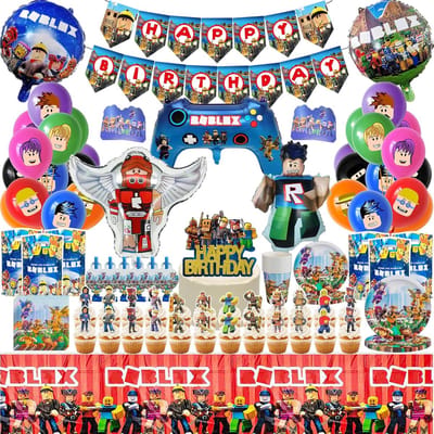 Thijox - 124 stuks Roblx Verjaardagsdecoratie Set, Feestdecoratie voor Kinderen, Papieren Borden, Taartdecoraties, Tafeldecoraties, Wimpels, Feestserv