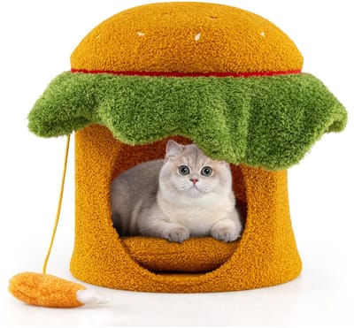 COSTWAY Kattenhuis met hol, hamburgervormig, kattenhol met wasbaar zacht kussen, groot kattenbed en speelgoed, slaapplaats voor kleine katten, indoor kattenmeubels, oranje