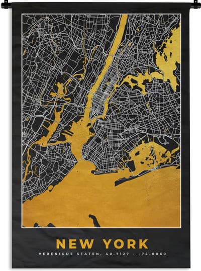 Wandkleed - Wanddoek - New York - Stadskaart - Goud - Kaart - Plattegrond - 120x180 cm - Wandtapijt