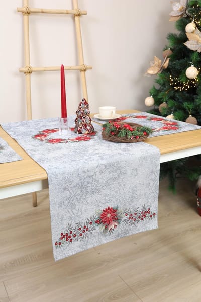 Tafelloper, winter, afwasbaar, stof, 140 x 45 cm, 100% jacquard tapijt, tafelloper, tafel voor eetkamer, keuken, boerderij, kerstdecoratie, feestelijke tafeldecoratie - kerstster-krans