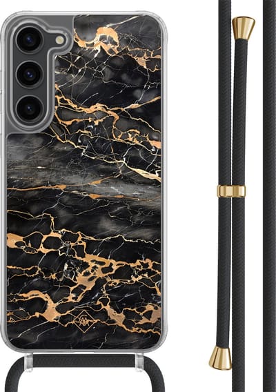 Casimoda® hoesje met zwart koord - Geschikt voor Samsung S23 Plus - Marmer Grijs Brons - Afneembaar koord - TPU/polycarbonaat - Grijs