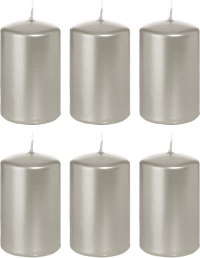 Cilinderkaars/stompkaars - 6x - zilver - 5 x 8 cm - 18 branduren - horeca kaarsen