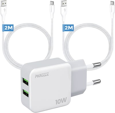 Phreeze usb adapter 2.1 A - Dubbele usb poorten - 10 W oplaadset met 2 usb A naar usb C kabels 2 m - Voor telefoon en speaker