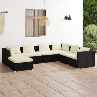 vidaXL - 7-delige - Loungeset - met - kussens - poly - rattan - zwart