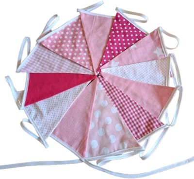 handgemaakte slinger van stof - geboorte meisje - verjaardag slinger - 5 meter lang - duurzaam - baby shower- gender reveal - vlaggetjes - feest - herbruikbaar