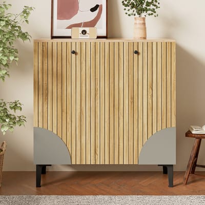 Schoenenkast 90x32x94 cm, Lichte Houten Look, 3 Deuren, Met Zwarte Poten en Grijze Decoratie, Compacte Halmeubel