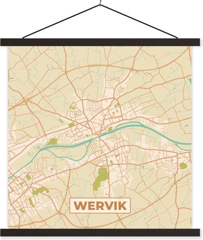 Posterhanger incl. Poster 60x60 cm - Schoolplaat - Plattegrond - Retro - Kaart - Wervik - Stadskaart - Textielposter - Zwarte latten - Stadskaart
