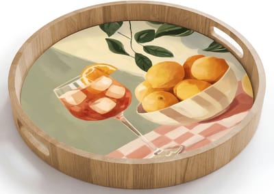 Dienblad rond 40x40 cm - Schootdienblad hout - Citroenen - Glas - Tafelkleed - Geblokt - Borrelplank rechthoek - Plateau houten dienbladen