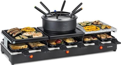 Klarstein Fonduelette XL 3 in 1 Raclette Grill & Fondue, 1650 Watt, 3 in 1 Grill: Metall /Naturstein /Crêpesplatte, 3 separate Edelstahl Heizelemente, bis 12 Personen, Antihaftbeschichtung, schwarz – geschikt voor thuisfitness en sportschoolgebruik,