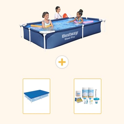 Bestway Rechthoekig Steel Pro Zwembad - 221 x 150 x 43 cm - Blauw - Inclusief Afdekzeil - Onderhoudspakket - 3-delig