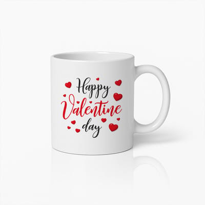 Happy Valentine Day Mok – Witte Keramische Koffiemok 330 ml – Romantisch Valentijnscadeau met Hartjes