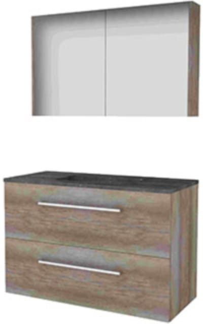Basic-Line Comfort 46 Badkamermeubelset - 100 x 46 cm - Met Grepen - 2 Lades - Hardstenen Wastafel - Zonder Kraangat - Spiegelkast - Scotch Oak
