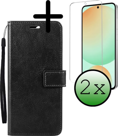 Hoesje Met 2x Screenprotector - Geschikt voor Samsung Galaxy S24 FE - Luxe Pasjeshouder - Bookcase Portemonee - Flip Case - Kunstleer Book Case - Flipcase Hoes - Book Cover - Walletcase - Portemonneehoes - Zwart