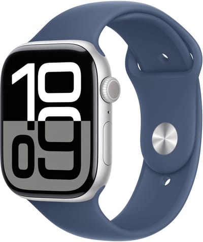 Apple Watch Series 10 - Wifi - 46mm - Zilverkleurig Aluminium Case met Denim Sportbandje - M/L