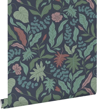 ESTAhome behang bladeren en bloemen donkerblauw, groen en roze - 50 x 900 cm - 131054