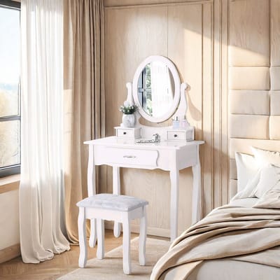 Kaptafel met spiegel en kruk, cosmeticatafel met lades en open compartimenten, kaptafel voor make-up, moderne kaptafel, wit, kleine slaapkamermeubels