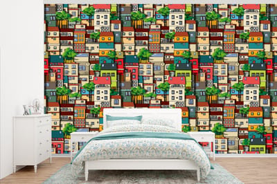 Behang - Fotobehang Patronen - Huis - Boom - Jongens - Kinderen - Kids - Breedte 345 cm x hoogte 220 cm