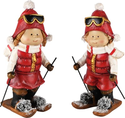 Dekoratief | Winterkindje op ski's, rood/wit, resina, 7x7x17cm, set van 2 stuks | A235284