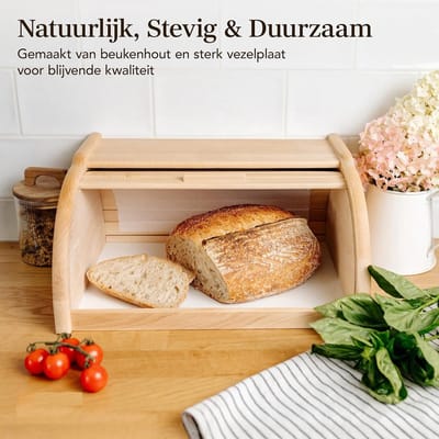 Famanu - Home houten broodtrommel 38 x 28 5 x 17 5 cm (+/ 1cm) natuurlijk beukenhout container met roltop brooddoos voor elke keuken perfect voor droogvoer | Luxe opberger, modern design voor keuken en dagelijks gebruik