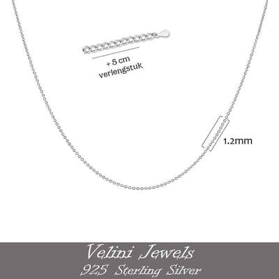 Velini jewels-ROLO925F-1.2mm-925 Zilver Ketting- 50 cm + 5 cm verlengstuk