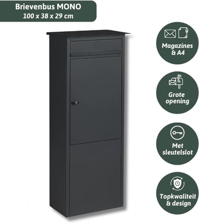 Famiflora brievenbus MONO met sleutelslot - mat zwart - 100 x 38 x 29 cm - topkwaliteit!