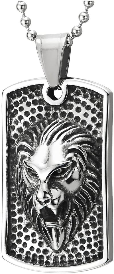 Allecto - Roestvrijstalen halsketting - Vintage leeuwenkop - 75 cm kogelketting - Metalen dog tag - Unisex