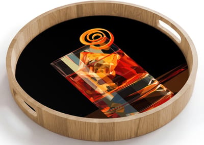 Dienblad rond 40x40 cm - Schootdienblad hout - Glas - Ijsblokjes - Drinken - Bruin - Borrelplank rechthoek - Plateau houten dienbladen