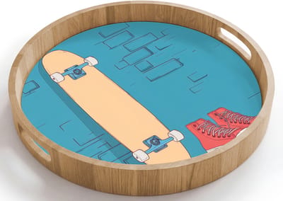 Dienblad rond 40x40 cm - Schootdienblad hout - Skateboard - Gympen - Rood - Minimalistisch - Borrelplank rechthoek - Plateau houten dienbladen