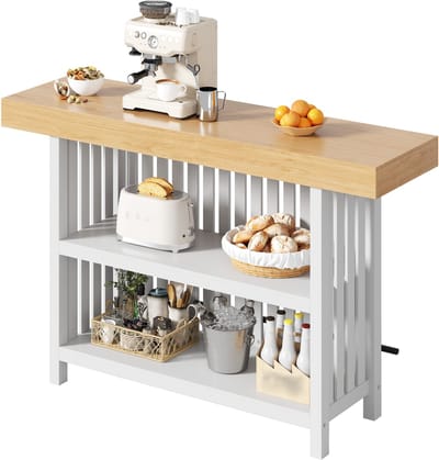 Keukeneiland - Witte bartafel met voetsteun - 2-laags plank - Voor keuken en woonkamer - MDF