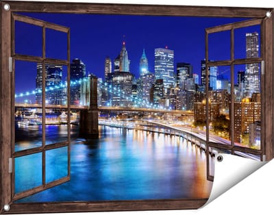 Gards Tuinposter Doorkijk Skyline New York in het Centrum - 90x60 cm - Tuindoek - Tuindecoratie - Wanddecoratie buiten - Tuinschilderij