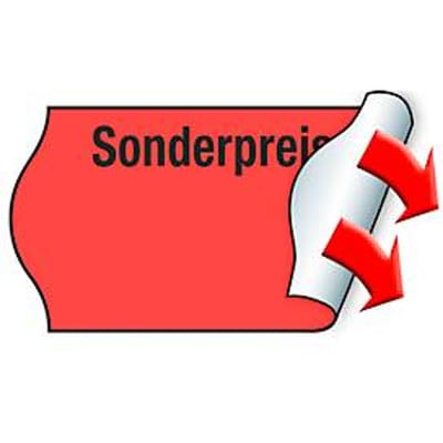 Prijsetiketten METO®, voor 1-regelige prijsetiketten, opdruk "Sonderpreis", permanente kleefstof, gegolfde rand, FSC® papier, rood, 6 rollen met 1000 stuks