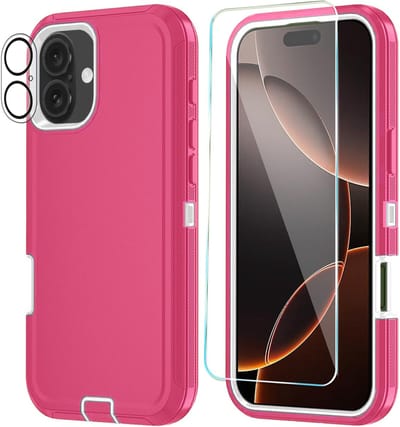 Stravo Heavy Duty Hoes voor iPhone 16 – Roze – Schok- & Stofbestendig – 3-laags Bescherming met Ingebouwde Screen- & Lensprotector