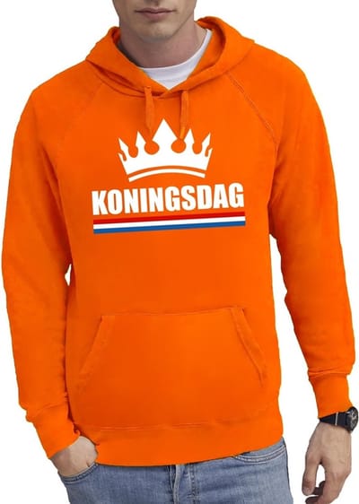 Bellatio Decorations oranje Koningsdag trui - hoodie / hooded sweater - voor heren - met een kroontje - oranje kleding S