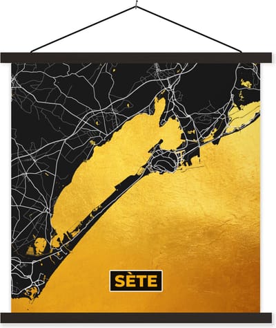 Posterhanger incl. Poster 60x60 cm - Schoolplaat - Stadskaart – Frankrijk – Kaart – Sète– Plattegrond - Textielposter - Zwarte latten - Stadskaart