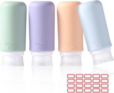 Famanu – Reisfles van siliconen - 4 stuks - lege pompfles met 10 blanco stickers - lekvrij - reisset voor shampoo - crème - vloeistoffen en lotion (98 ml)