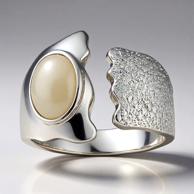 Cavill - 925 Sterling Zilver Ring met 9x7 mm Ovale Chinese Parelmoer - Modern Asymmetrisch Design - Elegante Damesring