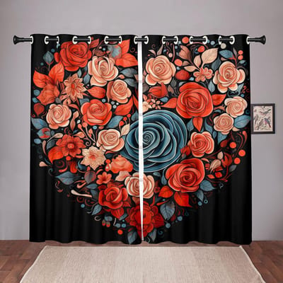2 Stuks Vintage Roos Liefde Hart Gordijnen Valentijnsdag Rood Bloemenpatroon Woonkamer Slaapkamer Keuken Balkon Decor Gordijnen 50W130H(CM)X2PCS&Hook