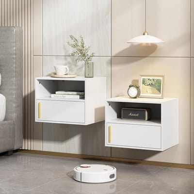 Sweiko Nachtkastjes - Set van 2 - Bijzettafel - Wandmontage - Met laden - Wit