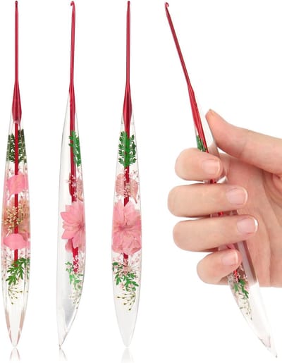 Haakhaak 2 mm, haak met glanzend bloemenpatroon, ergonomische haak van hars voor artritische handen, metalen haaknaald voor handbreien