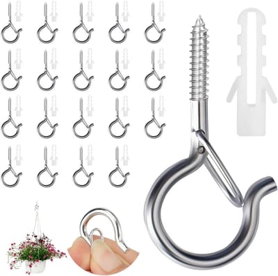 Pack of 20 Stainless Steel Screw Hooks with Fuse for Plant Baskets and Wind Chimes