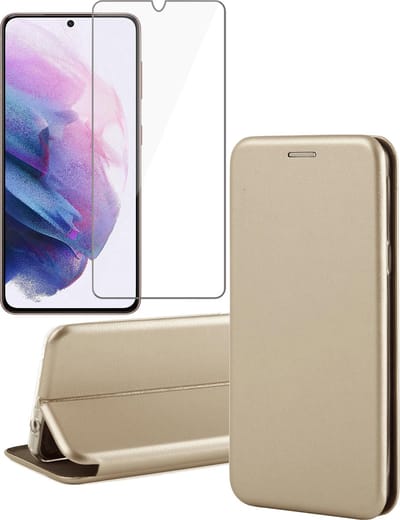 Hoesje geschikt voor Samsung Galaxy S21 FE - Book Case Kunstlederen Wallet Cover Minimalistisch Pasjeshouder Hoes Goud - Tempered Glass Screenprotector