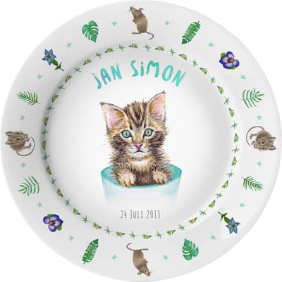 World of Mies geboortebordje met naam – handgeschilderde poes kat muisjes – gepersonaliseerd kinderbordje - kraamcadeau