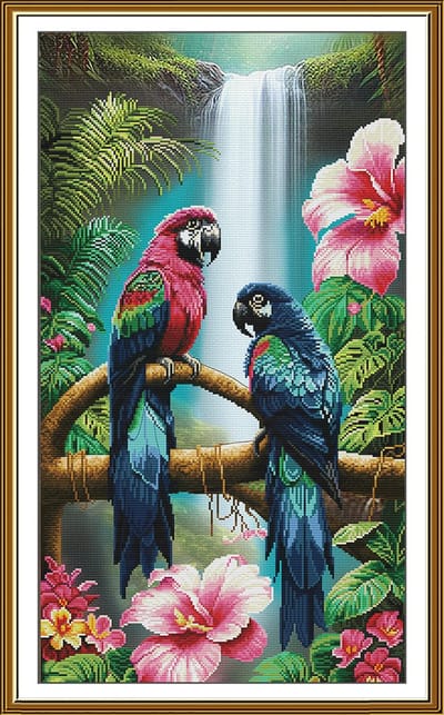 Borduurpakket Nova Sloboda - Colorfull Parrots - Kleurrijke papagaaien - bedrukte achtergrond