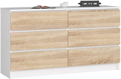 Ladekast K140 met 6 Lades / AKORD Furniture Factory / Wit – Sonoma Eik / 138 x 77 x 40 cm