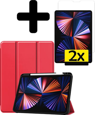 Hoes - Geschikt voor Apple iPad Pro (2021) - 11 inch - 3e generatie - Met Screenprotector - Trifold Bookcase - Hard Cover Case - Met Uitsparing Geschikt voor Apple Pencil - Hardcover Book - Tablet Hoesje - Rood